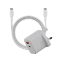 طقم شاحن جداري Bazic Velox Kit بقوة 35 واط PD بمنفذ USB-C ومنفذ USB-A مع كيبل Weave من USB-C إلى USB-C بقوة 60 واط – أبيض