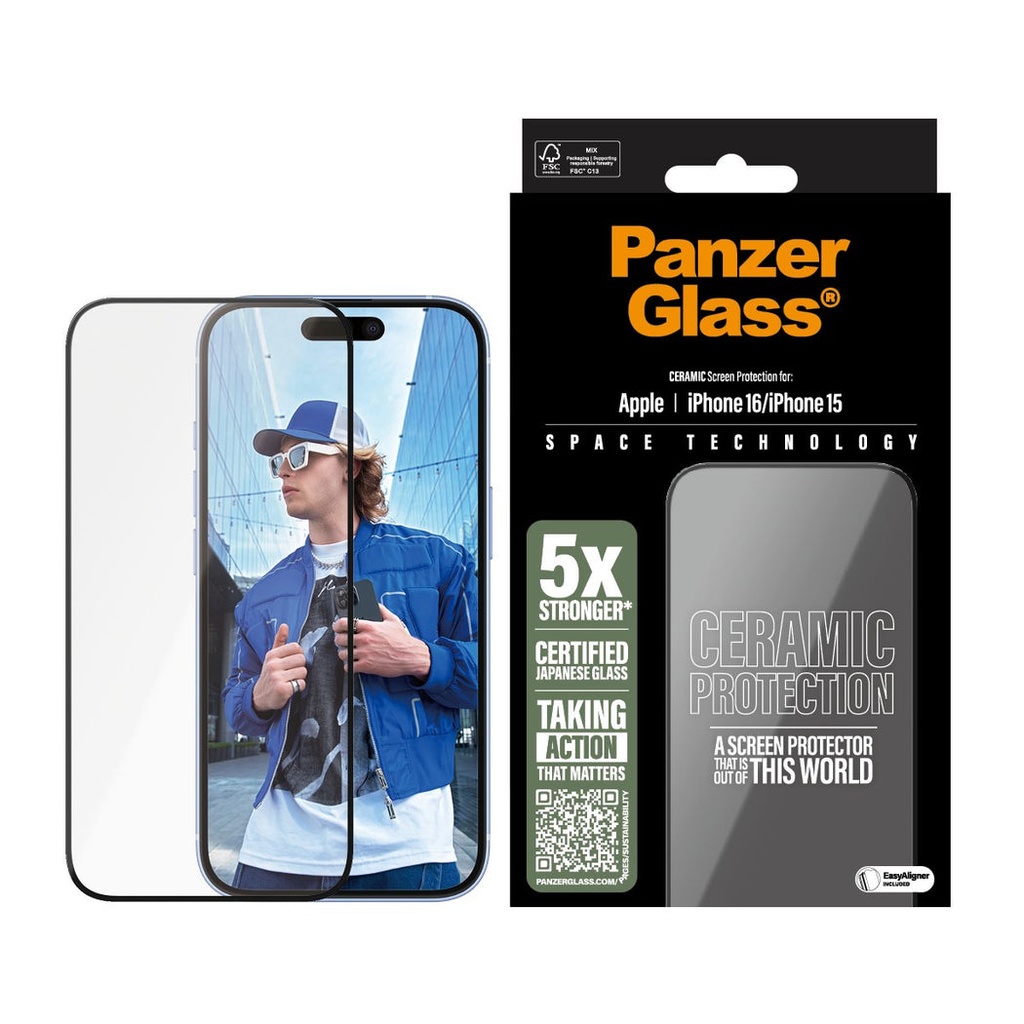 واقي شاشة سيراميك PanzerGlass Ceramic Ultra-Wide Fit لـ iPhone 16 / 15