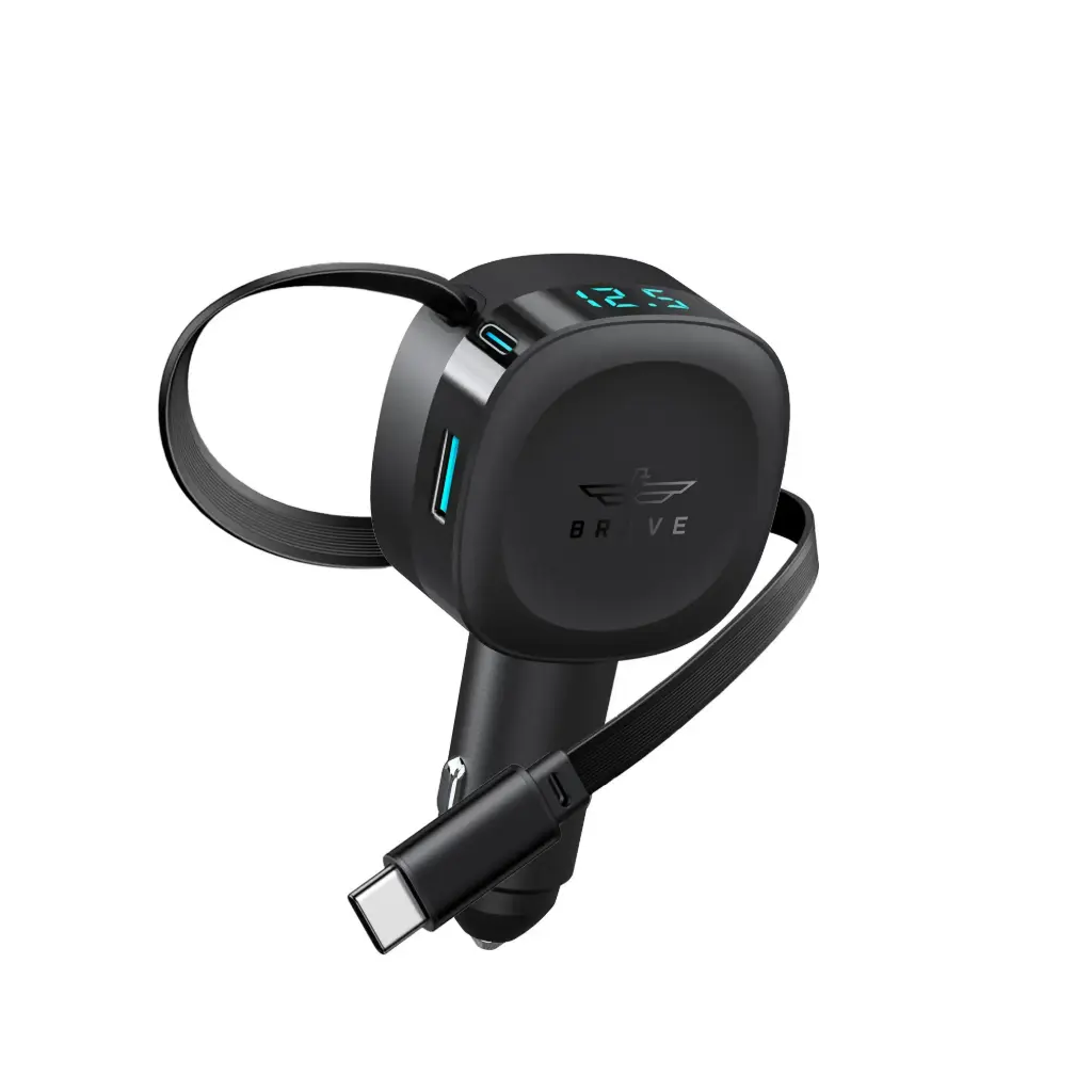 شاحن سيارة BRAVE BCC28 60W بمنفذين مع كيبل USB-C ينسحب