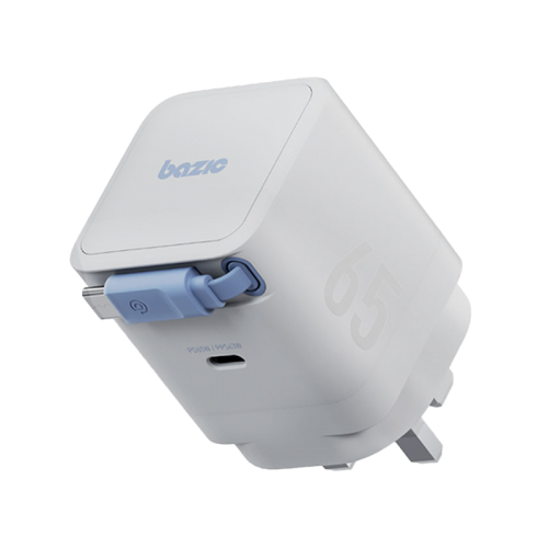 شاحن جداري Bazic GoPort Retrek بقوة 65 واط GaN بمنفذ USB-C وكيبل USB-C مدمج – أبيض