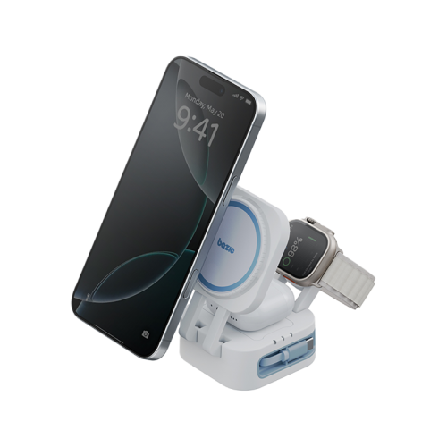 شاحن لاسلكي مغناطيسي قابل للطي 3 في 1 Bazic GoMag Station Mini لشحن Apple Watch و AirPods – أبيض