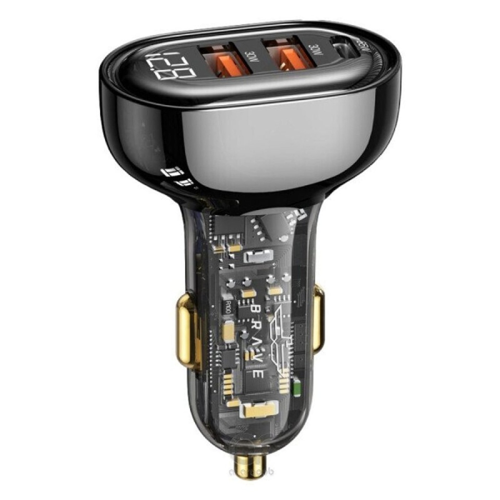 شاحن سيارة Brave B-22 شفاف 80W بـ 3 منافذ PD و QC3.0 مع شاشة رقمية